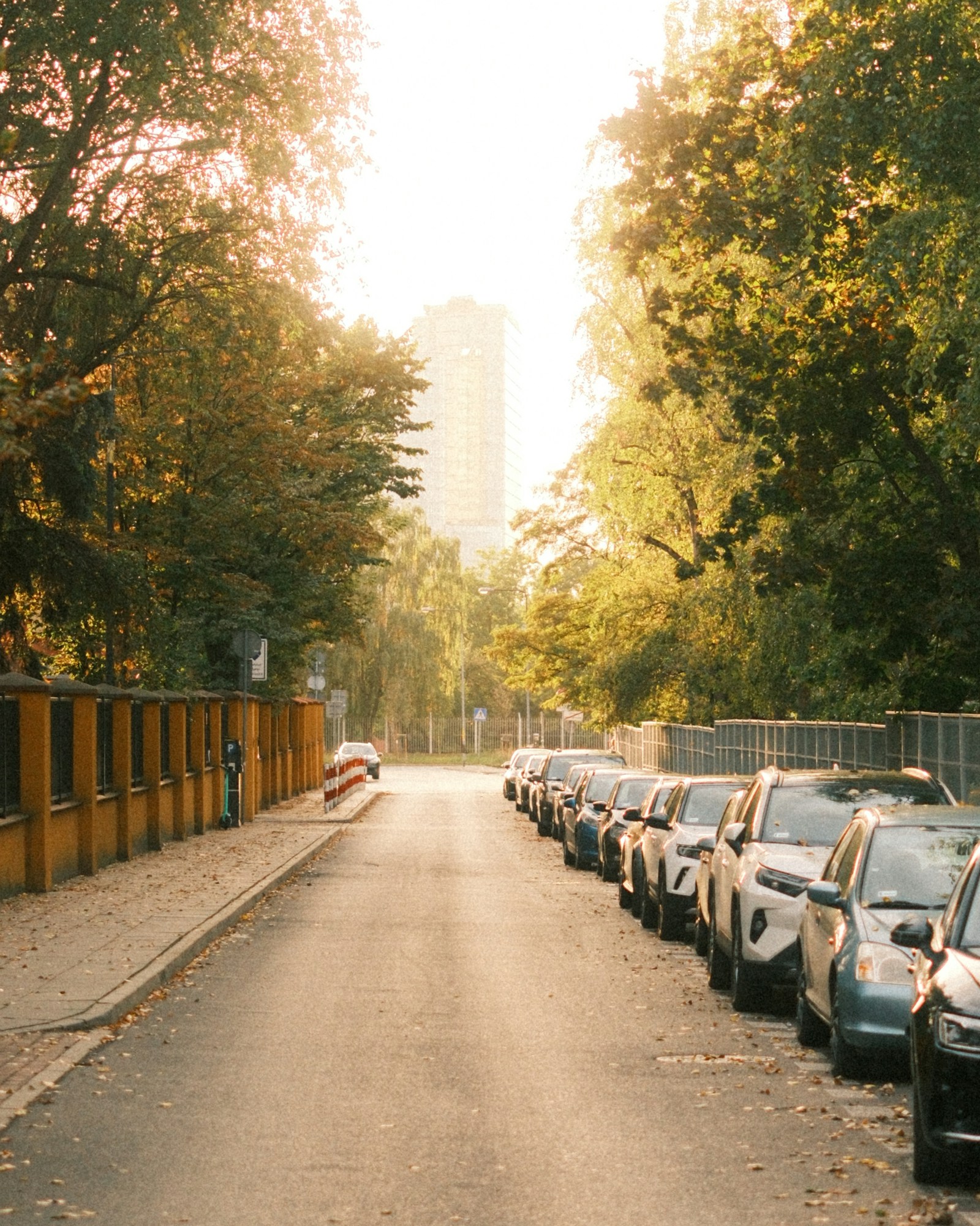Calle con coches aparcados a ambos lados a última hora de la tarde