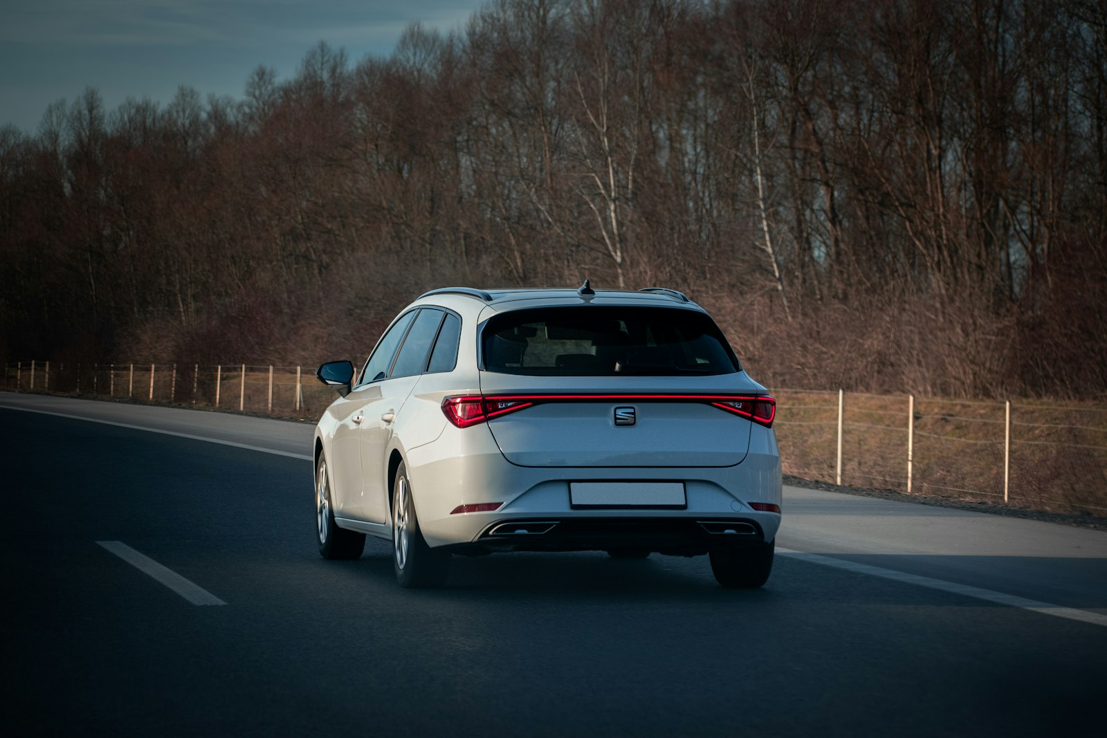 Coche blanco circulando por una carretera comarcal junto a un bosque