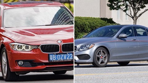 BMW Serie 3 y Mercedes Clase C uno junto al otro, en una imagen dividida en dos mitades