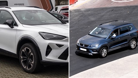 Cupra Formentor y SEAT Ateca uno junto al otro, en una imagen dividida en dos mitades