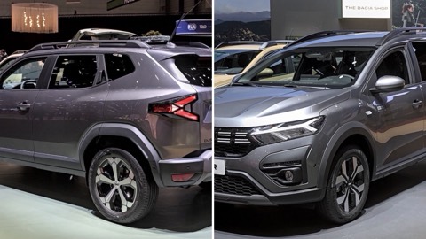 Dacia Duster y Dacia Jogger uno junto al otro, en una imagen dividida en dos mitades