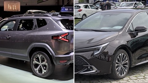 Dacia Duster y Toyota Corolla uno junto al otro, en una imagen dividida en dos mitades
