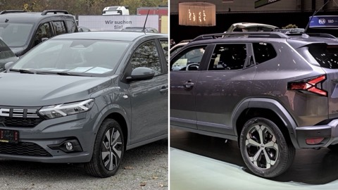Dacia Sandero y Dacia Duster uno junto al otro, en una imagen dividida en dos mitades