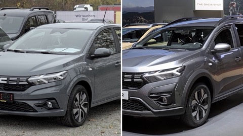 Dacia Sandero y Dacia Jogger uno junto al otro, en una imagen dividida en dos mitades