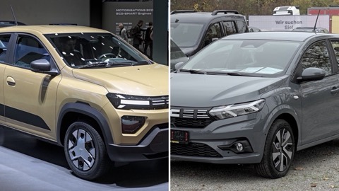 Dacia Spring y Dacia Sandero uno junto al otro, en una imagen dividida en dos mitades