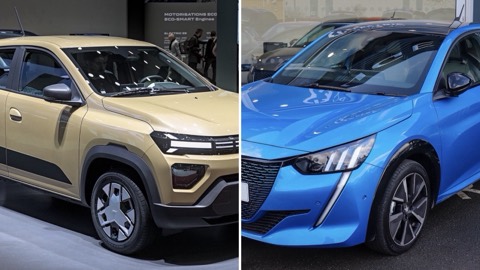 Dacia Spring y Peugeot e-208 uno junto al otro, en una imagen dividida en dos mitades