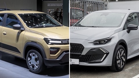 Dacia Spring y Renault Clio uno junto al otro, en una imagen dividida en dos mitades