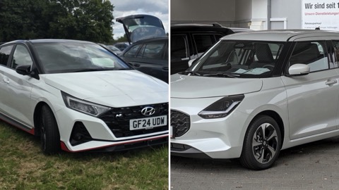 Hyundai i20 y Suzuki Swift uno junto al otro, en una imagen dividida en dos mitades