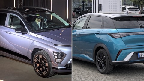 Hyundai Kona eléctrico y BYD Dolphin uno junto al otro, en una imagen dividida en dos mitades