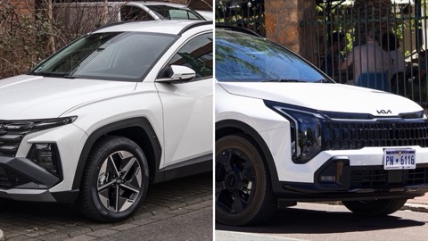 Hyundai Tucson y Kia Sportage uno junto al otro, en una imagen dividida en dos mitades