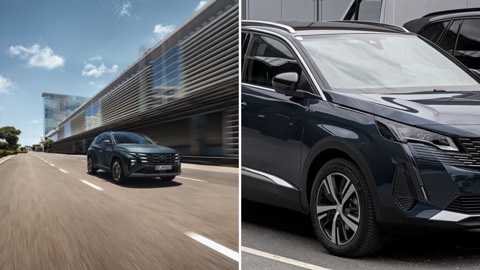 Hyundai Tucson y Peugeot 3008 uno junto al otro, en una imagen dividida en dos mitades
