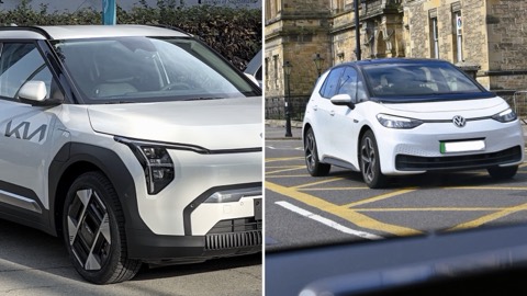 Kia EV3 y Volkswagen ID.3 uno junto al otro, en una imagen dividida en dos mitades