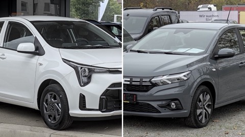 Kia Picanto y Dacia Sandero uno junto al otro, en una imagen dividida en dos mitades
