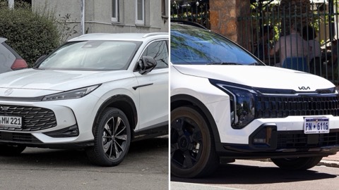 MG HS y Kia Sportage uno junto al otro, en una imagen dividida en dos mitades