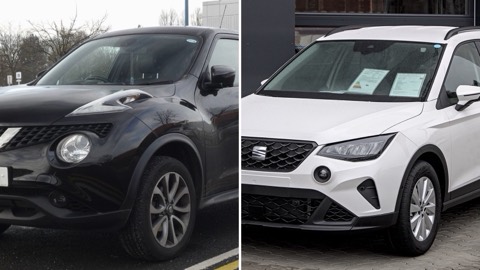 Nissan Juke y SEAT Arona uno junto al otro, en una imagen dividida en dos mitades