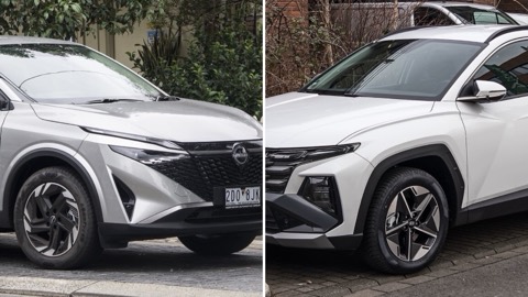 Nissan Qashqai y Hyundai Tucson uno junto al otro, en una imagen dividida en dos mitades