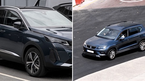 Peugeot 3008 y SEAT Ateca uno junto al otro, en una imagen dividida en dos mitades
