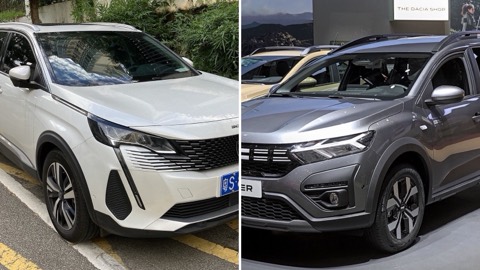 Peugeot 5008 y Dacia Jogger uno junto al otro, en una imagen dividida en dos mitades