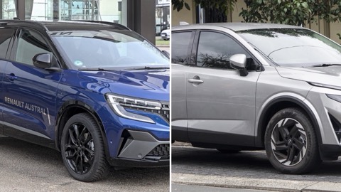 Renault Austral y Nissan Qashqai uno junto al otro, en una imagen dividida en dos mitades