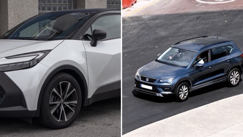 Toyota C-HR y SEAT Ateca uno junto al otro, en una imagen dividida en dos mitades