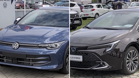 Volkswagen Golf y Toyota Corolla uno junto al otro, en una imagen dividida en dos mitades