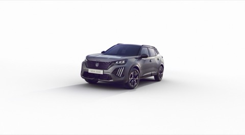 Peugeot 2008 gris de tres cuartos delantero en un estudio blanco