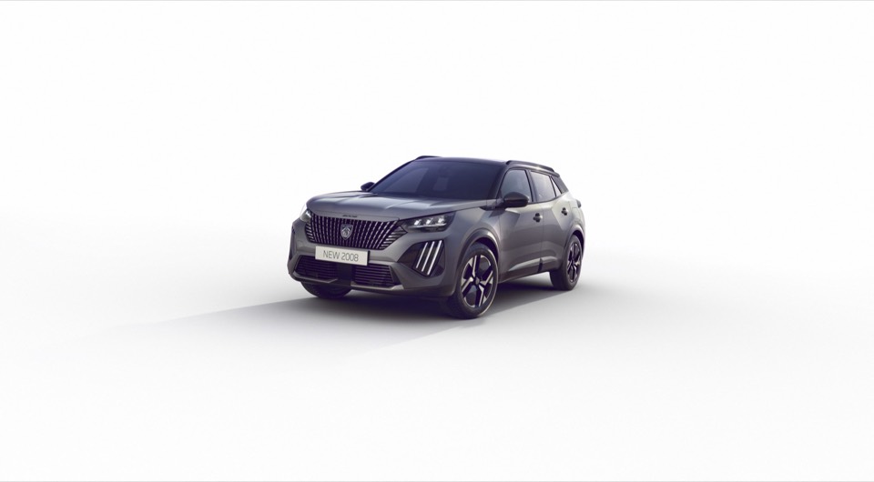Peugeot 2008 gris de tres cuartos delantero en un estudio blanco