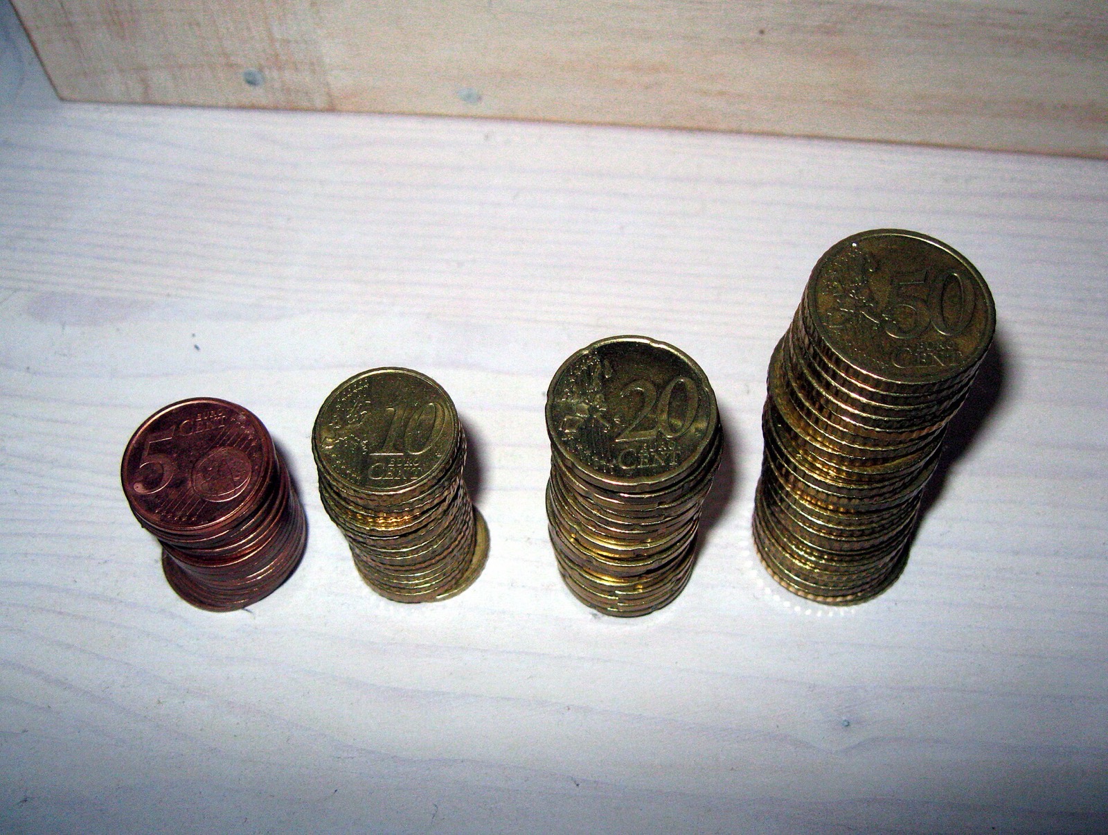 Cuatro torres de monedas de euro de altura creciente sobre una mesa de madera clara
